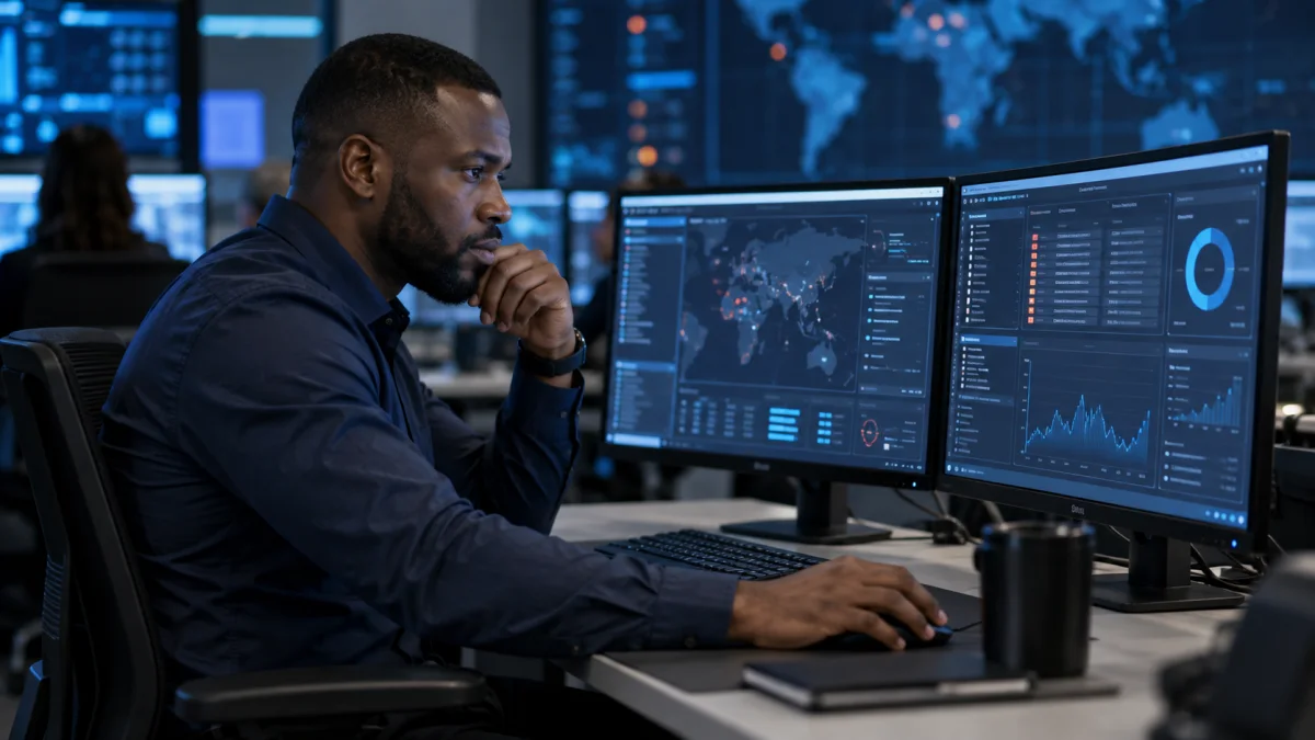 Analyste africain travaillant dans un centre de cybersécurité