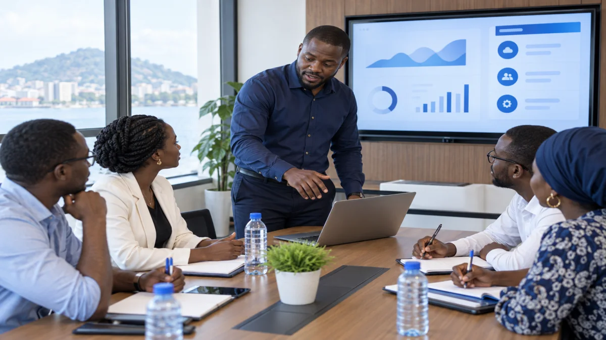 Consultant africain animant une formation aux solutions digitales