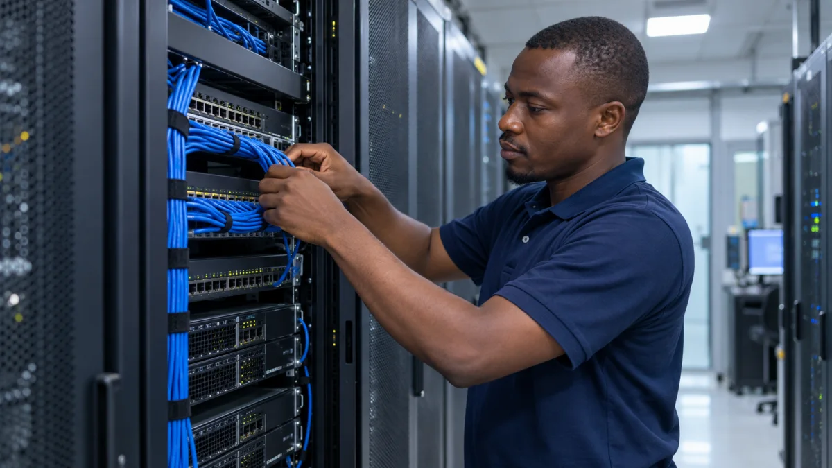 Technicien réseau africain intervenant sur une baie informatique
