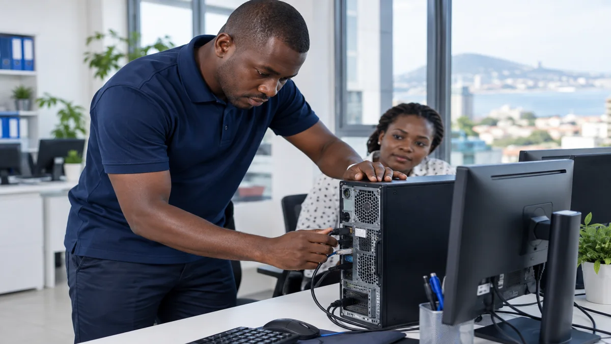 Technicien informatique africain assurant un dépannage sur site