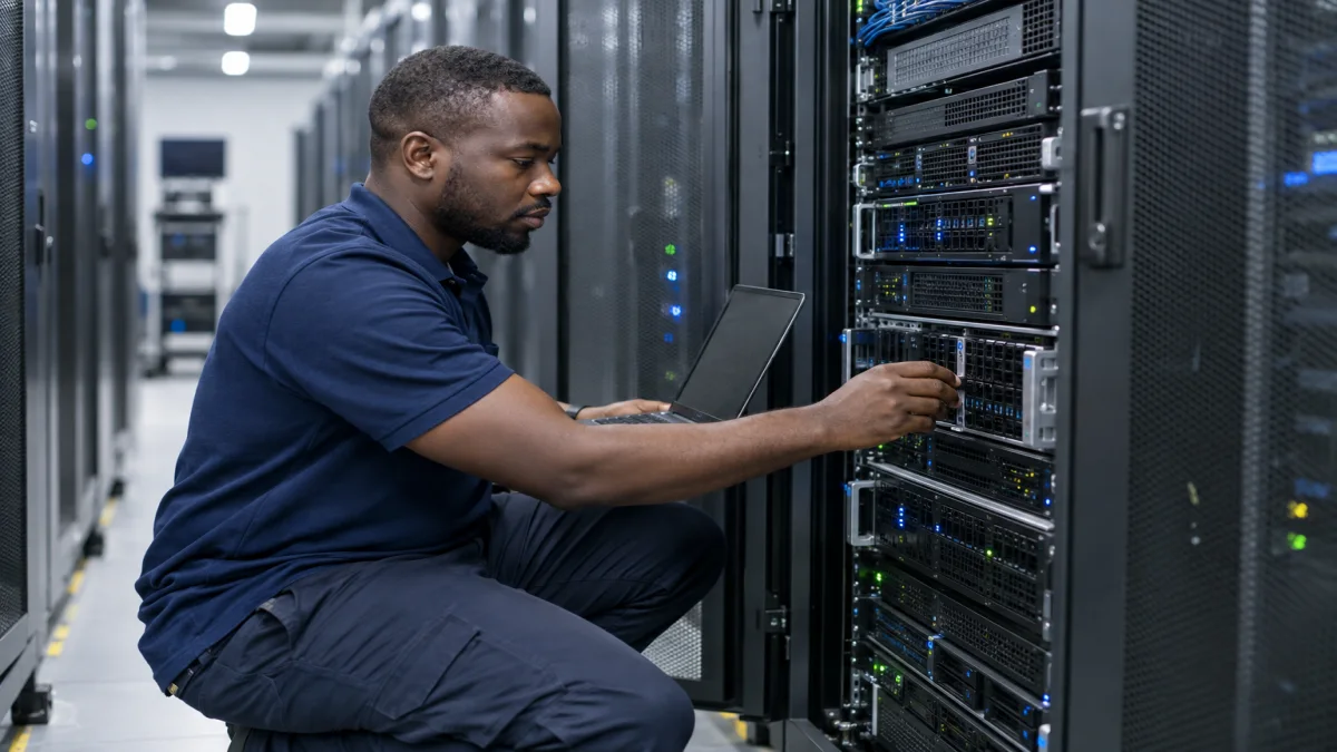 Ingénieur systèmes africain intervenant dans un datacenter